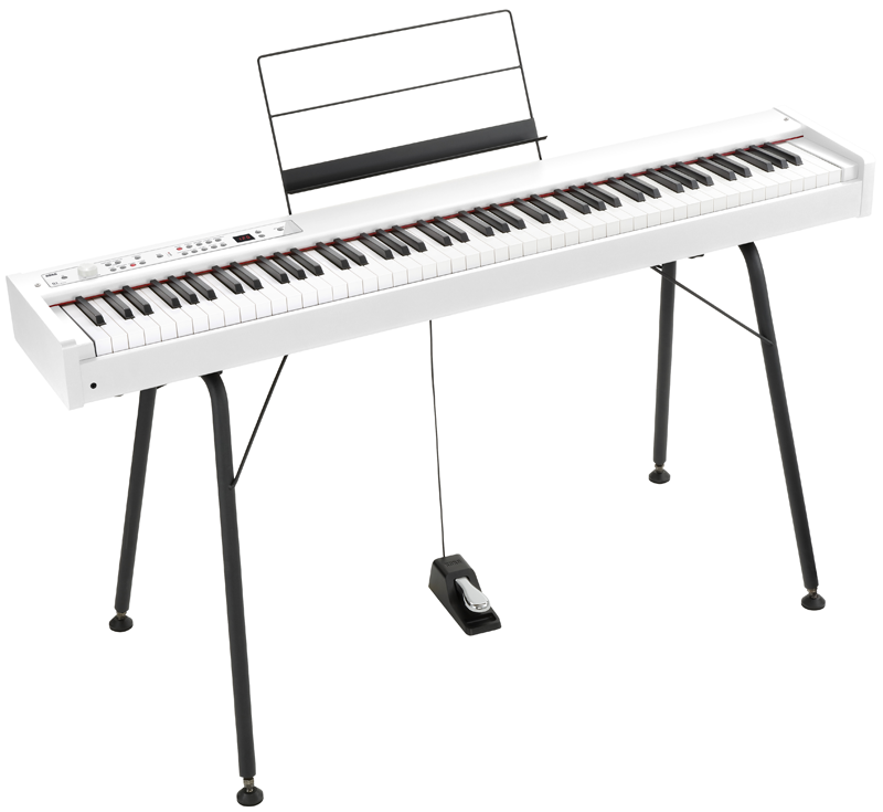 KORG D1-WH elegante e distintivo in questa foto con lo stand opzionale ST-SV1