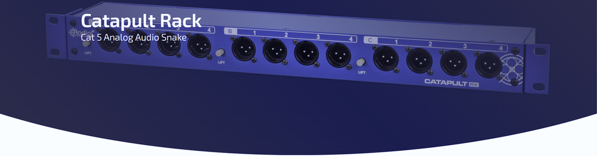 Catapult Rack RX di RADIAL ENGINEERING è un sistema di distribuzione audio, consente il collegamento di un palco con una postazione di Mixaggio tramite cavi Ethernet standard Cat 5 o Cat 6, su 3 linee