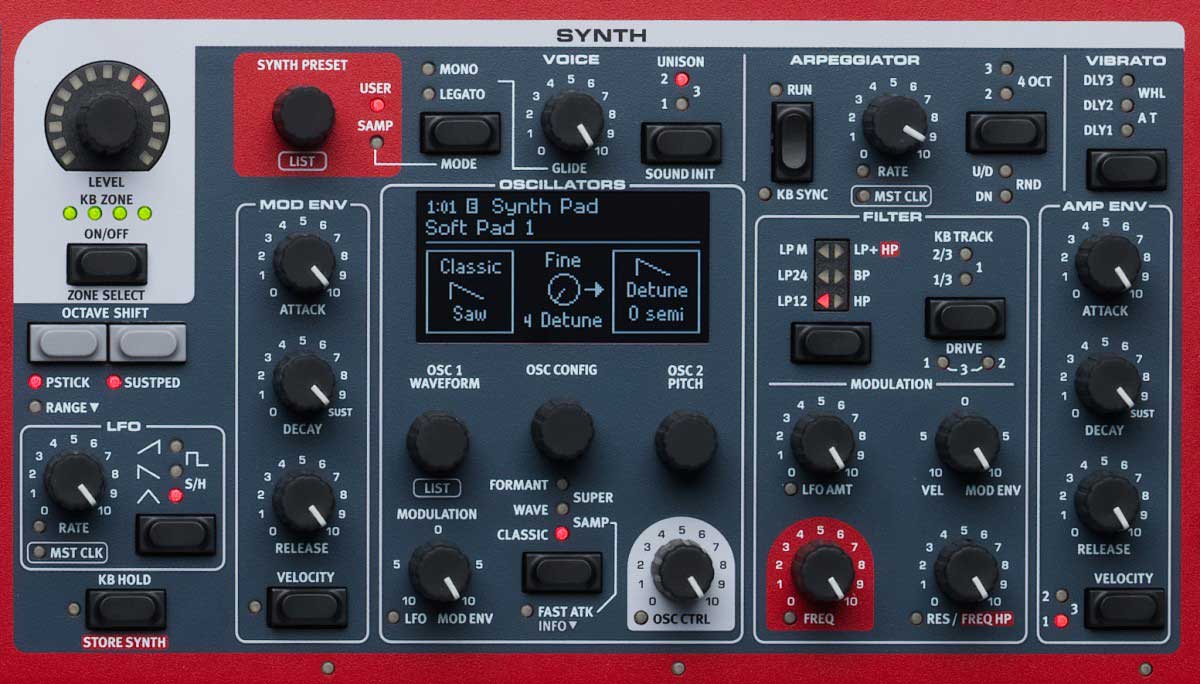 La sezione Synth di Nord Stage 3 si basa su un evoluto sistema di sintesi sonora a modellazione fisica analogica con Sample Playback integrato