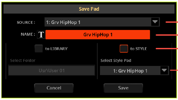 La progressione armonica registrata o importata come file MIDI può essere salvata nella Library oppure direttamente nello Style