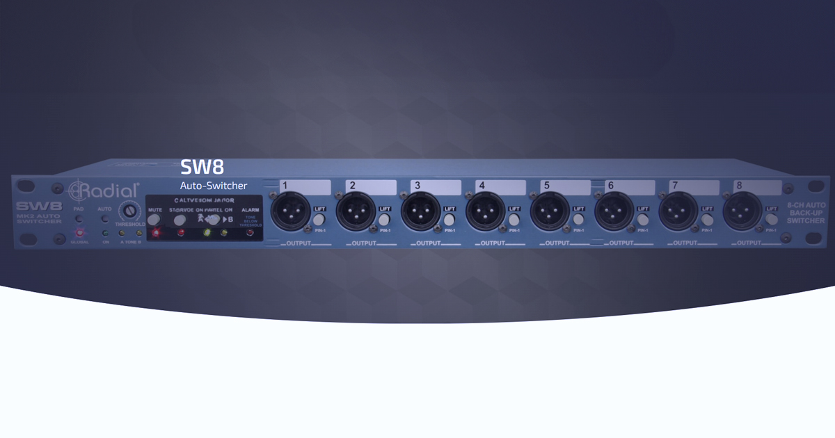 Radial SW8 è un auto-switcher a 8 canali che consente d'impostare un sistema di backup ridondante con la commutazione automatica tra due sorgenti, come ad esempio due registratori digitali, computer o sistemi di rete.