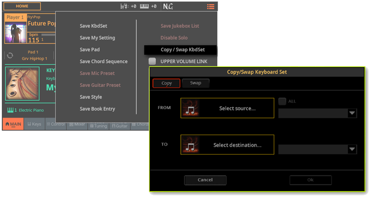 I dati dei Keyboard Set possono ora essere copiati o scambiati dagli STYLE alle ENTRY del SONGBOOK, o viceversa.