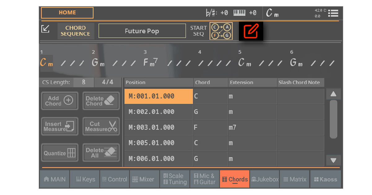 Quando il riquadro HOME > CHORD viene espanso, è possibile modificare la CHORD SEQUENCE semplicemente premendo il pulsante EDIT.