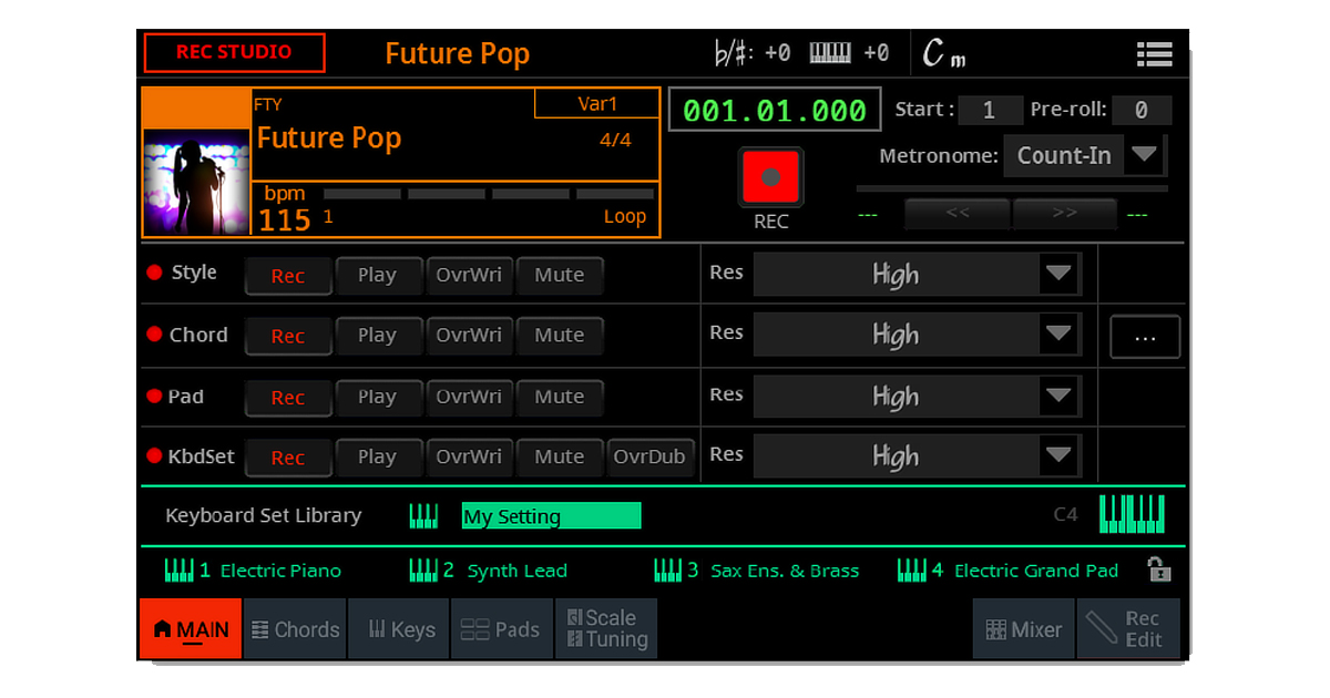 La funzione Recording Studio semplifica il processo di creazione di brani musicali consentendo la registrazione di una performance in tempo reale su Pa5X supportata degli Style. È quindi possibile migliorare il risultato ottenuto aggiungendo i Pad o altre Chord Sequence. Durante la registrazione, è anche possibile cantare nel microfono collegato per avere una guida melodica.