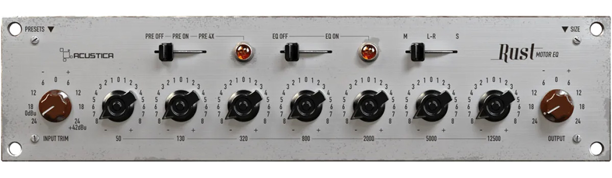 Acustica Audio Rust replica il suono di un equalizzatore passivo analogico a 7 bande fisse, raro e ricercato, spesso considerato un riferimento assoluto tra gli EQ classici. Utilizzato in numerose produzioni di successo, è diventato uno strumento di culto nel mondo dell’audio professionale. A queste caratteristiche si aggiungono alcune funzioni aggiuntive non presenti nell’unità originale.