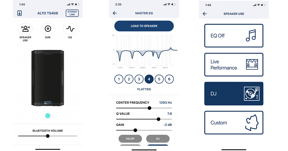 L’applicazione per tablet e smartphone iOS e Android che ti consente di controllare le funzioni DSP della tua cassa Alto Professional TS408: Volume Bluetooth, preset di Eq, Equalizzazione personalizzata con 6 bande parametriche e Stereo Link