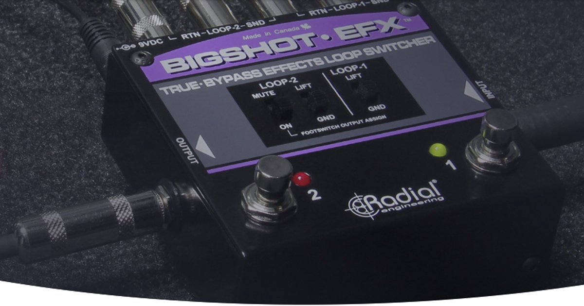 BigShot EFX di RADIAL ENGINEERING è uno Switcher d'effetti True-Bypass che consente l’impostazione e il richiamo senza disturbi o interferenze di due loop effetti diversi, offrendo così una gestione molto efficiente sul palco di Set Up di pedali effetti anche molto articolati.