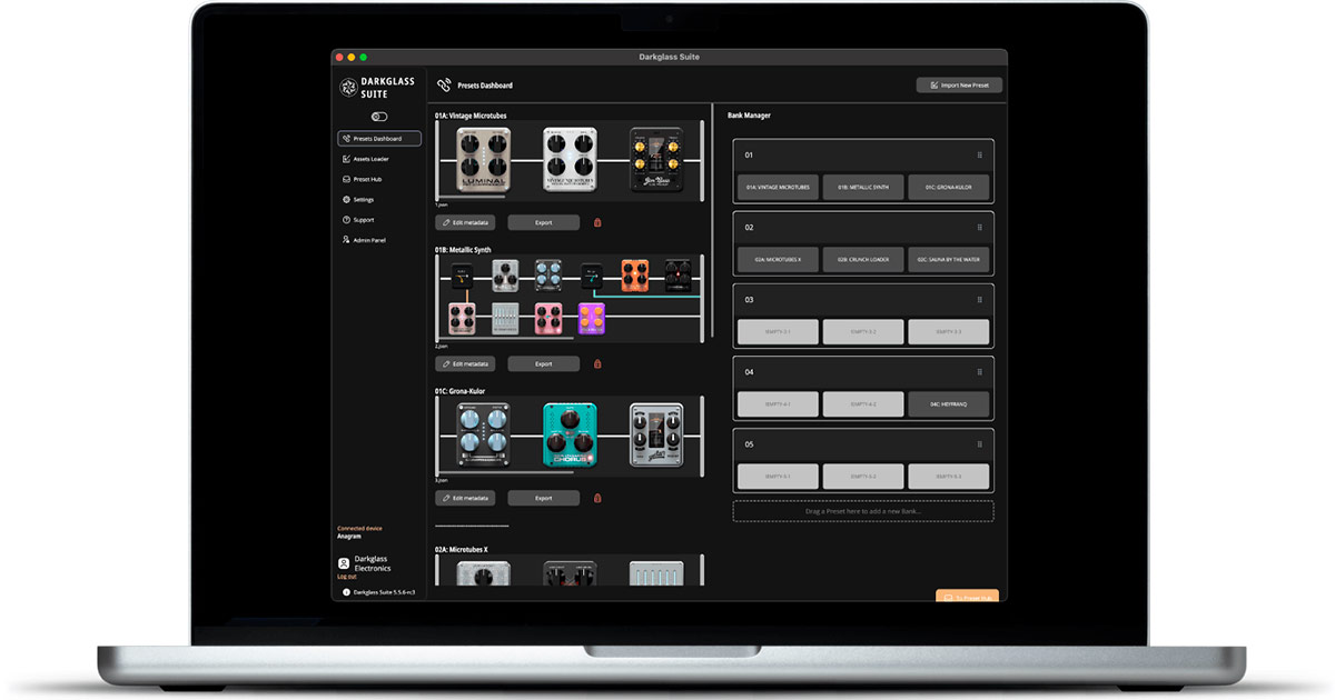 Interfaccia desktop della Darkglass Suite per il controllo remoto completo del pedale Anagram