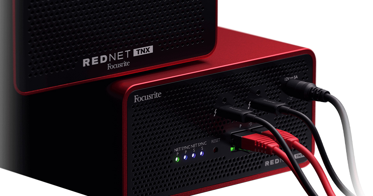 Le connessioni della Focusrite REDNET TNX:  2 porte Thunderbolt 3 e 2 porte Ethernet RJ-45 compatibili Cat 5e o superiore. Dual Ethernet RJ-45 per modalità switched o ridondante. 