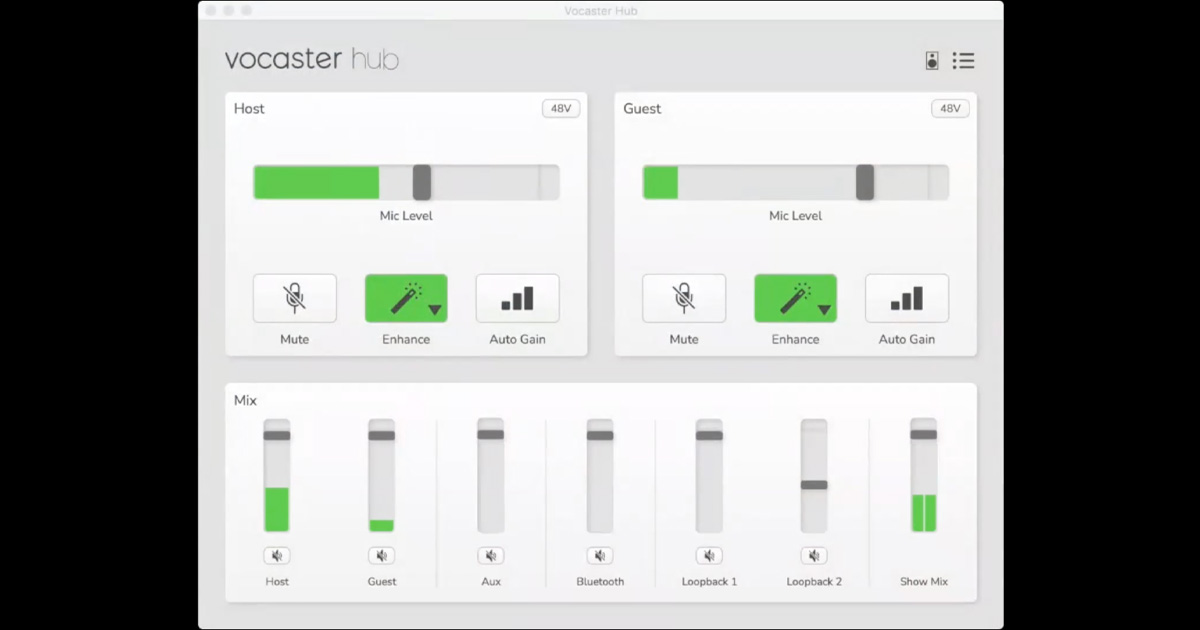 Il software Vocaster HUB, la tua regia audio completa. Gestisci in tempo reale i volumi di tutte le sorgenti, dai microfoni ai canali software loopback, dagli ingressi aux a quello Bluetooth della Vocaster Two