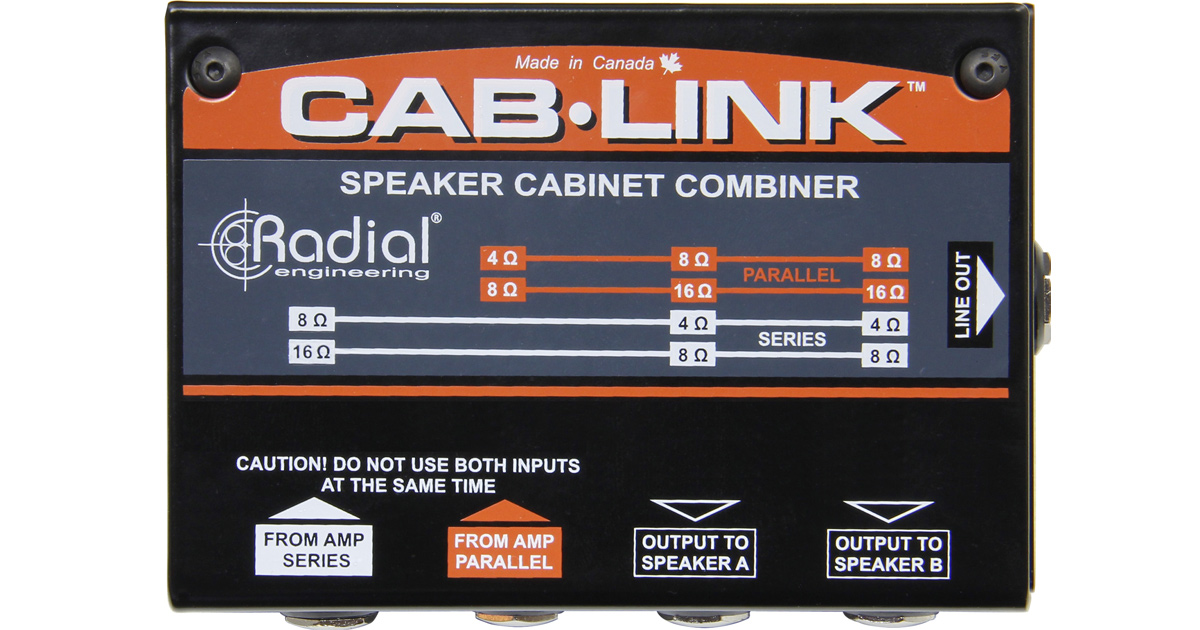 Cab-Link semplifica le operazioni di collegamento degli Speaker Cabinet in serie o in parallelo. Basta collegare due cavi per altoparlanti dalle uscite Cab-Link a ciascuno dei cabinet e un terzo cavo dall'uscita della testata dell'amplificatore all'ingresso in serie o in parallelo. Cab-Link si riconfigura automaticamente a seconda dell'ingresso utilizzato