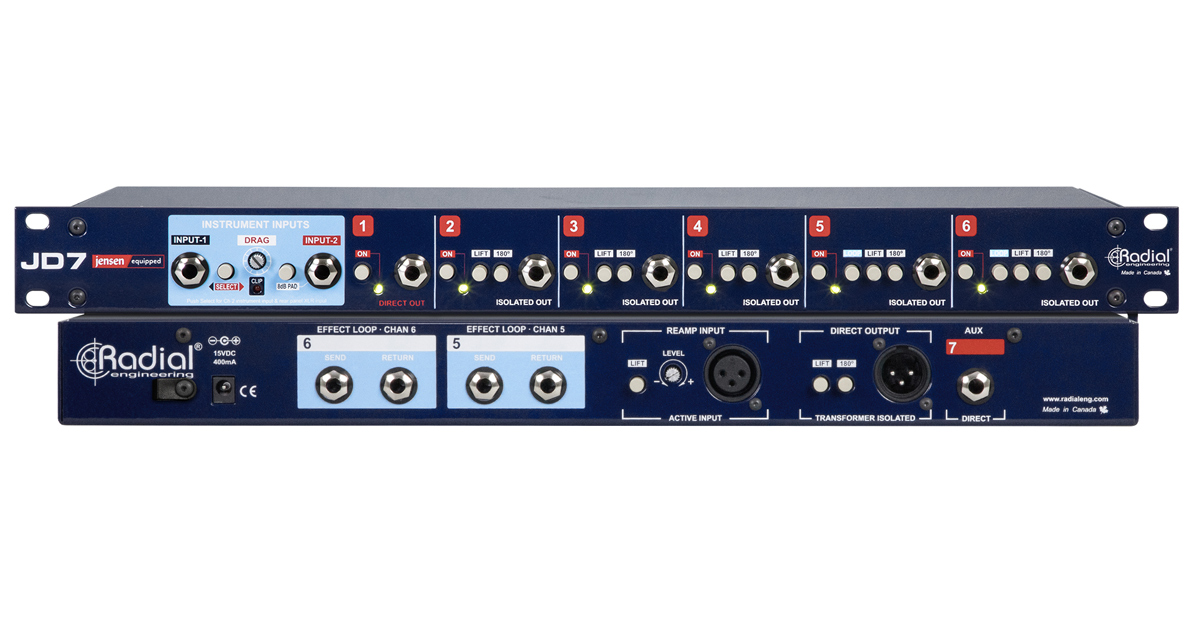 Il distributore e Splitter di segnale per chitarra JD7 può controllare fino a 7 amplificatori contemporaneamente, è dotato sulle uscite di trasformatori Jensen che garantiscono il trasferimento del segnale privo di distorsioni, ronzii e loop di massa. JD7 è progettato con un percorso del segnale in classe A discreto al 100%, senza amplificatori operazionali, unito al Drag± Control, un circuito di correzione del carico che reintroduce il rapporto naturale tra chitarra e amplificatore che si perde bufferizzando il segnale