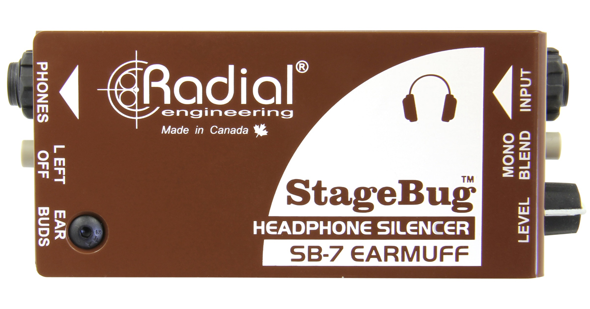 StageBug SB-7 Earmuff di Radial Enginering è in dispositivo passivo gestisce l'ascolto live in cuffia. E' dotato d'ingresso stereo con connettore TRS da ¼” con controllo di livello. E' presente inoltre un'uscita amplificata, dove è possibile connettere cuffie standard da ¼