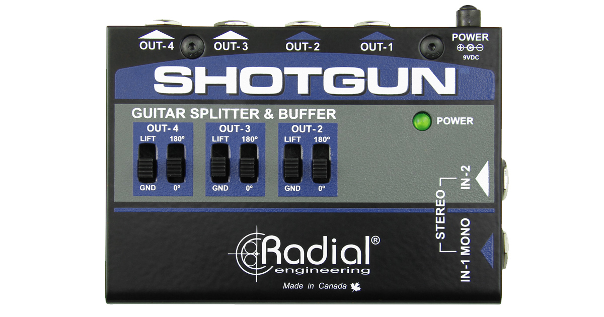 Shotgun è progettato per strumenti con impedenza hi-Z, e può essere configurato per l'uso in Mono con un ingresso e quattro uscite o in stereo con due ingressi e due coppie di uscite.