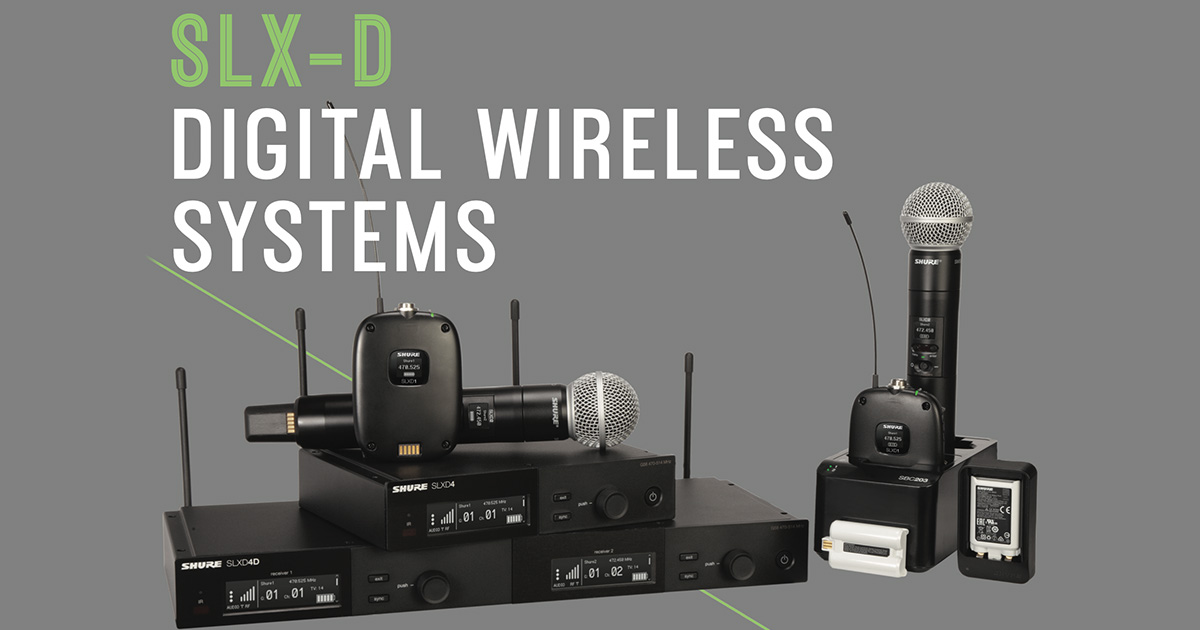 I prodotti della serie di microfoni wireless Shure SLX-D: ricevitori a rack, trasmettitori bodypack e gelato, batterie e accessori.