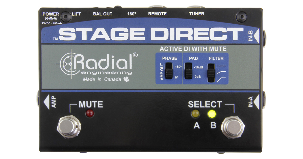 Con Stage Direct di Radial Engineering Direct Box attiva dedicata a chitarristi e bassisti, è possibile collegare direttamente un Set Up composto da due strumenti, accordatore ed amplificatore con la commutazione silenziosa fra le varie uscite, bilanciarlo il segnale ed inviarlo ad un Mixer o un sistema di registrazione. 