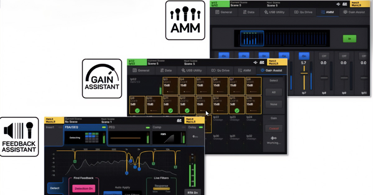 Gain Assistant, Feedback Assistant e Auto Mic Mixing a 32 canali integrati nei mixer digitali Allen & Heath Qu5, Qu6 e Qu7