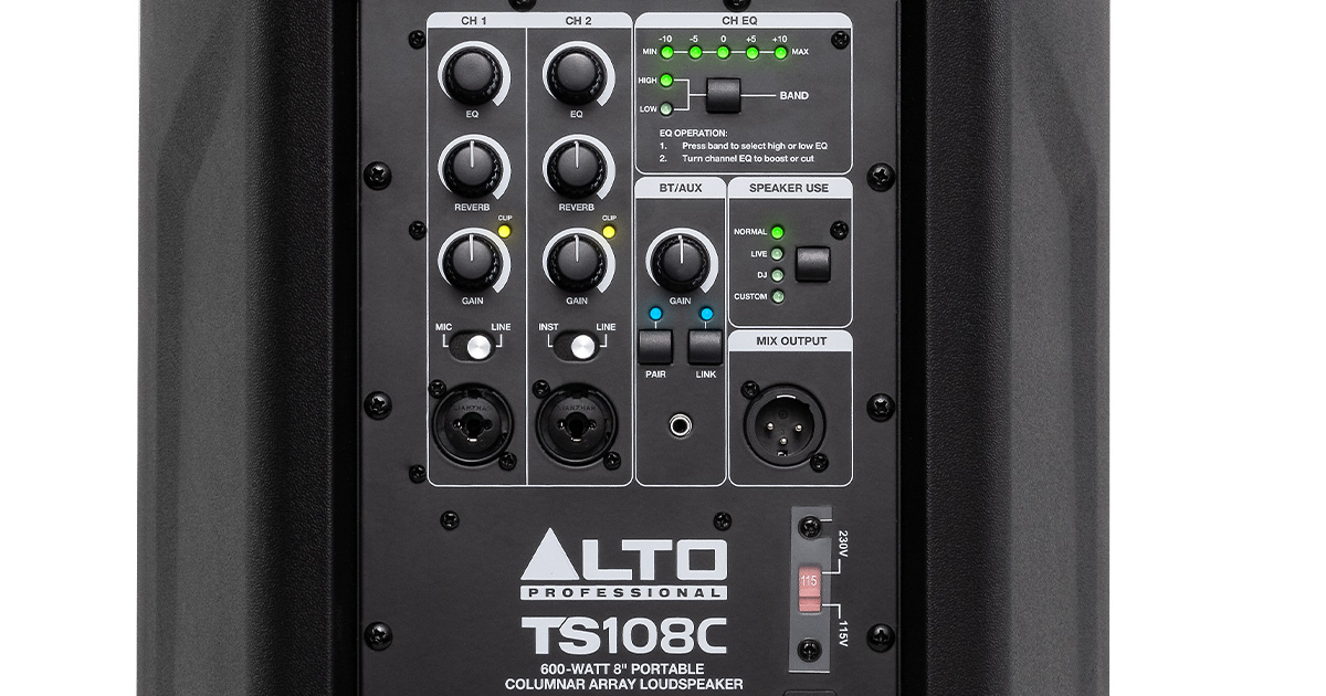 Il mixer 3 canali del sistema a colonna Alto TS108C: due ingressi analogici combo (XLR/Jack) e uno stereo Bluetooth/Aux minijack