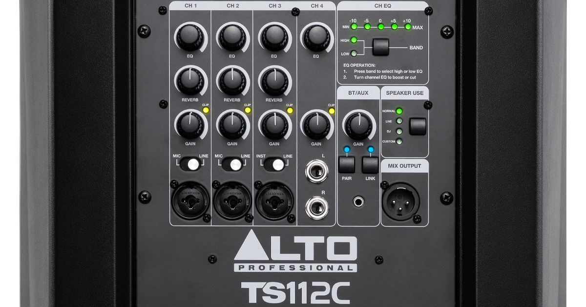 Il mixer 5 canali del sistema a colonna Alto TS112C: 3 ingressi analogici combo (XLR/TRS), un ingresso stereo (L/R) jack e un ingresso stereo Bluetooth/Aux minjack