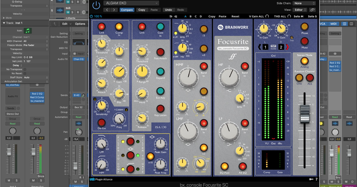 BRAINWORX BX_CONSOLE FOCUSRITE SC è un channel strip completo di EQ, de-esser, compressore, limiter, gate ed expander che porta il suono analogico Focusrite nel tuo ambiente di lavoro computer based. Emula gli storici e ambiti moduli Focusrite ISA 110 (preamp, equalizzatore con l’iconica funzione Air) e ISA 130 (processore di dinamica).