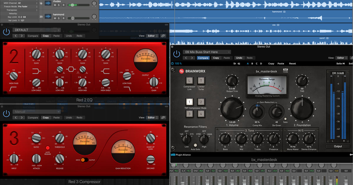 Tra i plug-in gratuiti per mix e mastering inclusi nella Focusrite Hitmaker Expansion troviamo Red 2 & 3 PLUG-IN SUITE (eq e compressore) e Bx_masterdesk una console virtuale per la finalizzazione dei nostri mix composta da vari moduli connessi in cascata e con pochi e semplici controlli che gestiscono delle macro di parametri.