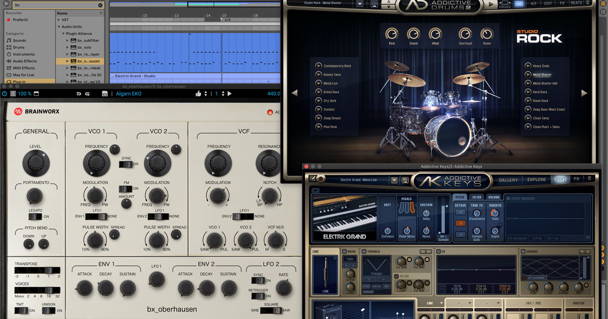 I virtual instrument plug-in GRATIS inclusi in Focusrite Hitmaker Expansion: XLN Audio Addictive Keys e Addictive Drums 2: Studio Rock Kit, Brainworx®’s bx_oberhausen