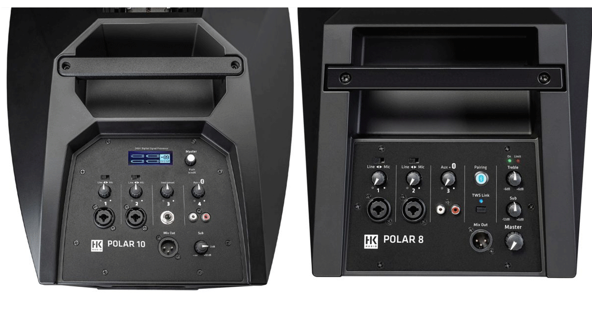 mixer integrato a quattro canali con ingresso bluetooh dei diffusori a colonna della serie Polar di HK Audio