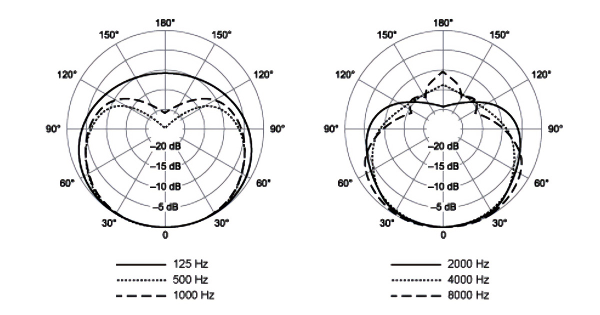 Analisi della risposta polare dello Shure SM58 su 6 distinte frequenze