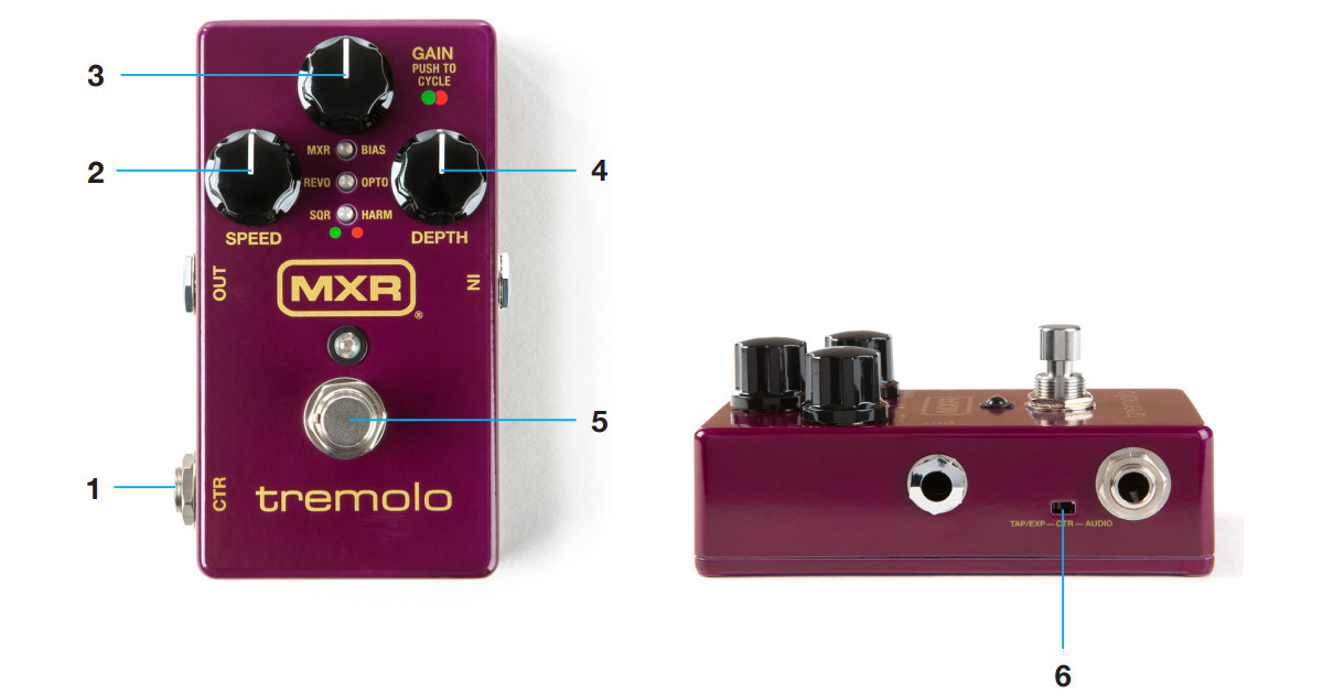 Il pedale Tremolo MXR M305 combina diversi stili di tremolo selezionabili tramite la manopola Gain.