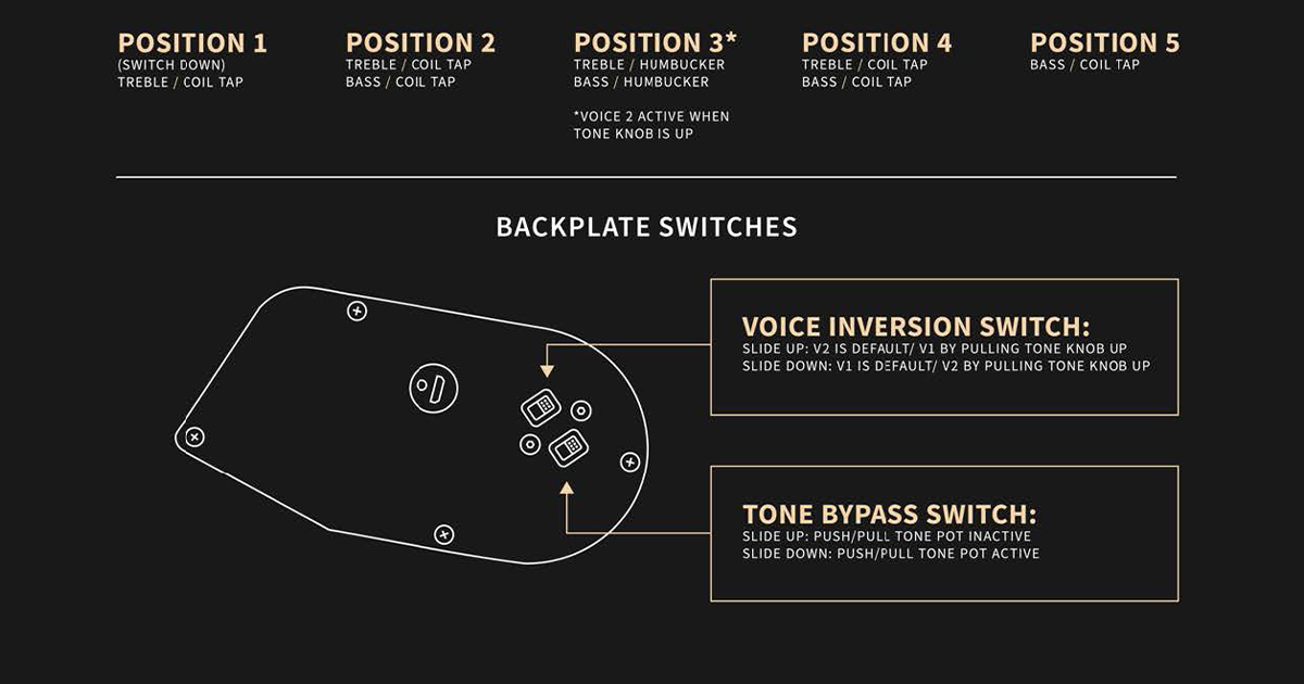 Due switch interni aumentano le possibilità di questa chitarra: un Voice Inversion Switch che inverte il funzionamento del push/pull del tono che attiva la V1 e la V2, e un Tone Bypass Switch che bypassa la funzione push/pull del tono.