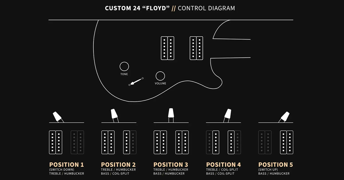 La PRS Custom 24 Floyd presenta controlli di volume e tono e uno switch a 5 posizioni: la posizione 1 attiva il pickup al ponte, la 5 il pickup al manico e la 3 entrambi i pickup, mentre la posizione 2 attiva il pickup al ponte e il pickup al basso splittato, e la posizione 4 attiva entrambi i pickup in modalità coil-split.