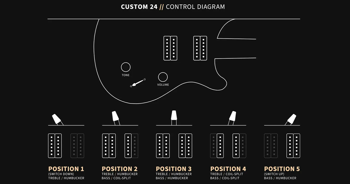 La PRS Custom 24 presenta controlli di volume e tono e uno switch a 5 posizioni: la posizione 1 attiva il pickup al ponte, la 5 il pickup al manico e la 3 entrambi i pickup, mentre la posizione 2 attiva il pickup al ponte e il pickup al basso splittato, e la posizione 4 attiva entrambi i pickup in modalità coil-split.