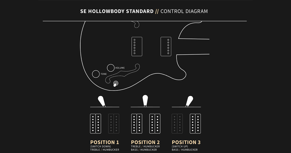 La SE Hollowbody Standard monta due humbucker 58/15 LT S, con un selettore a tre vie. Questo permette di utilizzare o i due pickup singolarmente o una combinazione dei due.