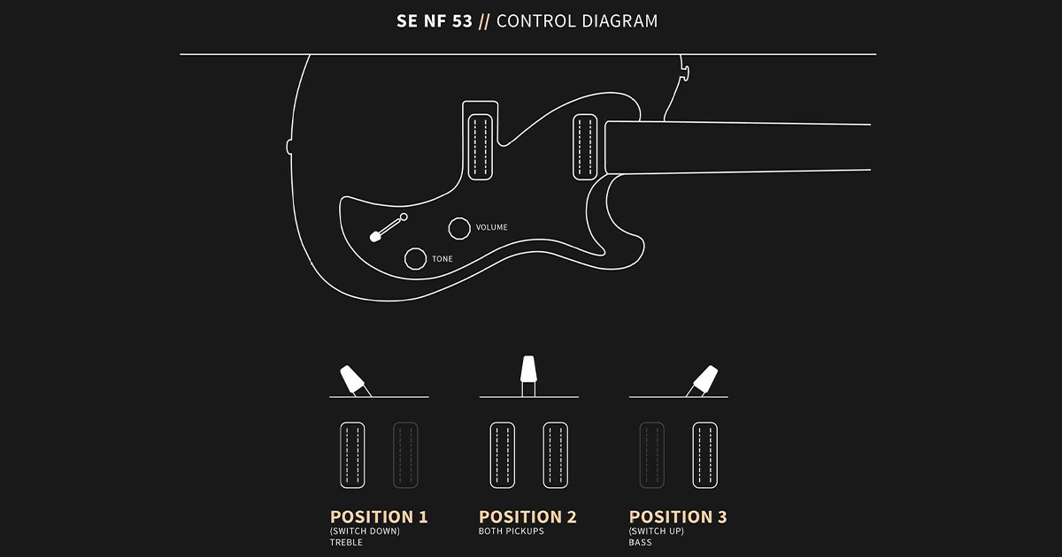 La PRS NF 53 monta due pickup PRS Narrowfield DD S con una configurazione semplice: lo switch a tre posizioni permette di scegliere tra i due pickup o la loro combinazione.
