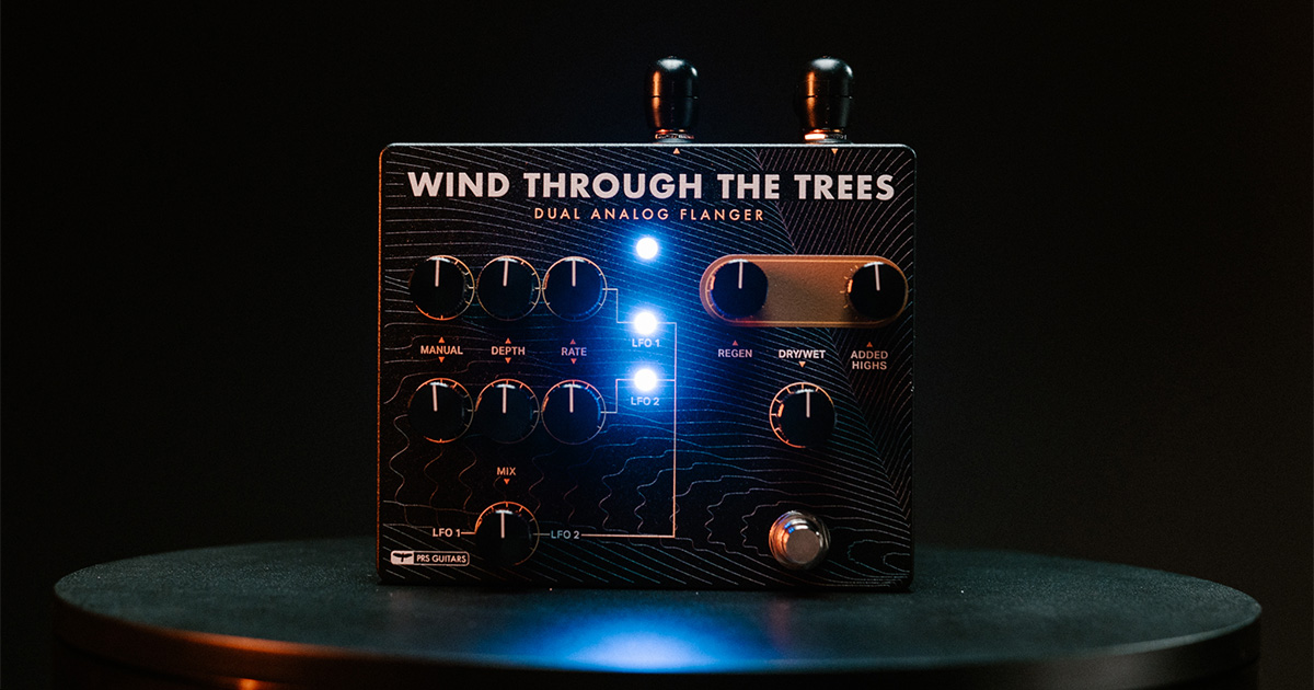 Il PRS Wind Through the Trees è un dual Flanger con controlli Manual, Depth e Rate separati, più dei controlli Regeneration e Added Highs in comune per i due flanger.