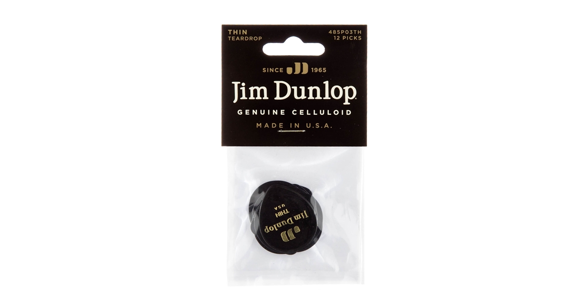 Dunlop 485P-03TH Celluloid Teardrop, Black Thin Player's Pack/12
