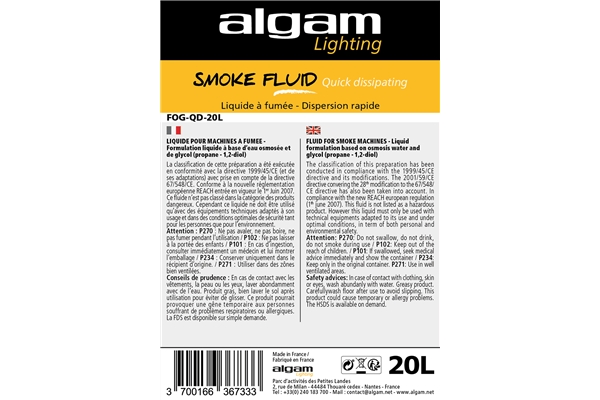 Algam Lighting - FOG-QD-20L Liquido Fumo Dispersione Rapida Effetto CO2 20L