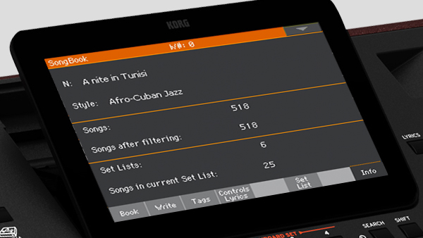 Il SongBook richiama immediatamente tutti i dati indispensabili per l'esecuzione di un brano. una funzione indispensabile dal vivo