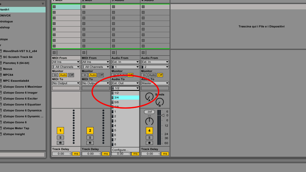 Assegnazione alle tracce di Ableton Live di un'uscita audio diretta ad un'uscita dell'interfaccia USB del mixer XONE:DB