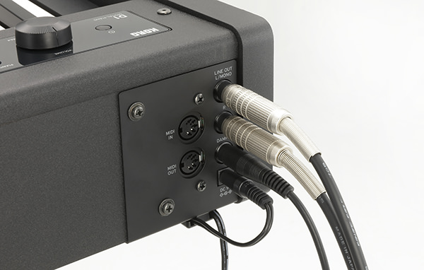 Le possibilità di connessione di D1-BK le uscite audio linea con Jack standard, le porte MIDI (DIN) In/Out e l'ingresso per il Damper